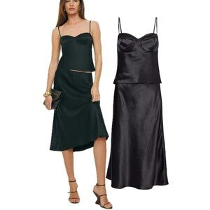 REFORMATION Sia Silk Two-Piece Sleeveless Top and Midi Skirt Set (Black)